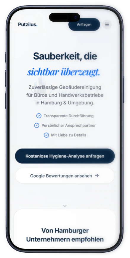 Putzilus Gebäudereinigung – Mobile-Ansicht der Website